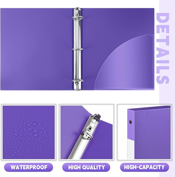 Henoyso 36 Pcs 3 Ring Binder 0.5 Inch Round Fits Letter Size 8.5'' x 11'' Paper Plastic Flexible Binder Bulk Holds 140 Sheets with 1 Pockets Versatile Organizer for Home Office School (Purple)