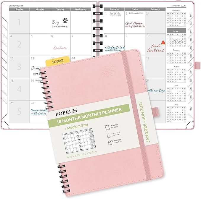 POPRUN Monthly Planner 2026-2027 (Medium 6.5" x 8.5") 18 Months Calendar Book(Jan 2026 - Jun 2027) - 4 Pages per Month with Expense & Notes, Stair-like tabs, Leather Cover, Sunday Start - Pink