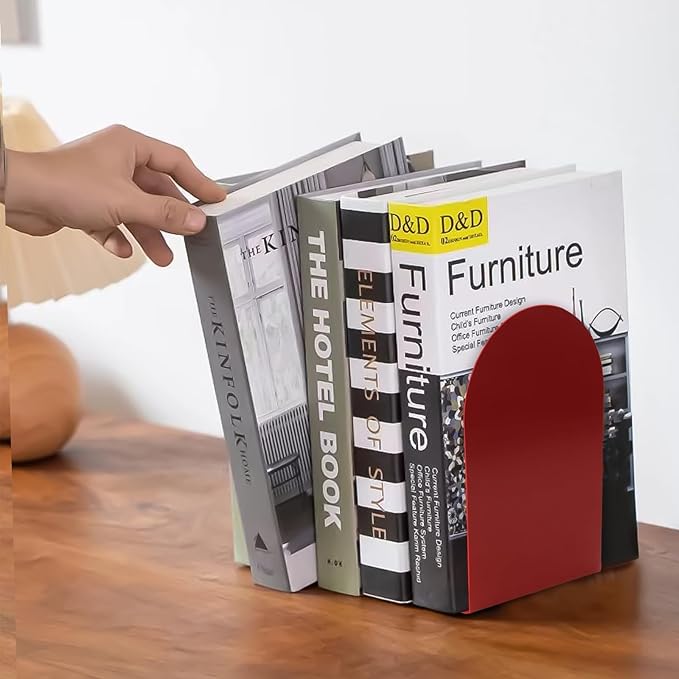 Lulonpon 4 Pieces Book Ends, Bookends, Books Stand, Metal Bookend for Shelves, Red Book Ends for School, Library, Desktop Organizer