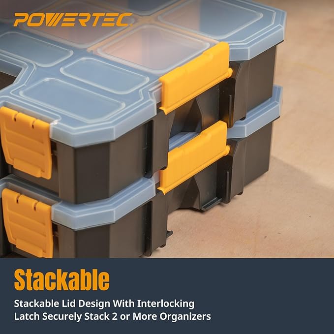POWERTEC Small Parts Organizer & Tool Box – 14 Compartments, Stackable Storage with Interlocking Latch, Removable Dividers, Clear Lid, Portable Design (72364)