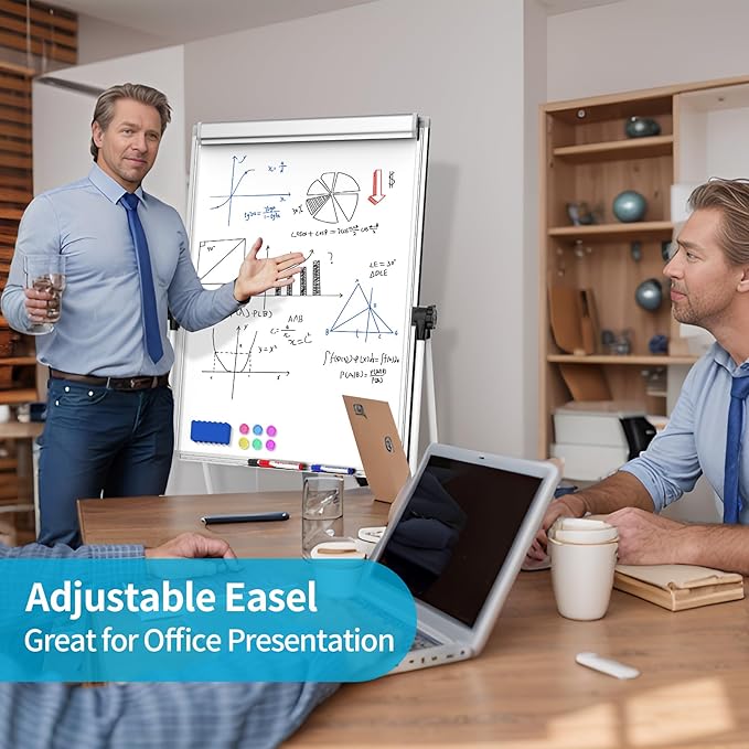 DexBoard U-Stand Double Sided 40" x 28" Magnetic Dry Erase Easel, Height Adjustable & 360° Rotating Whiteboard with 1 Eraser, 6 Magnets and Paper Pads