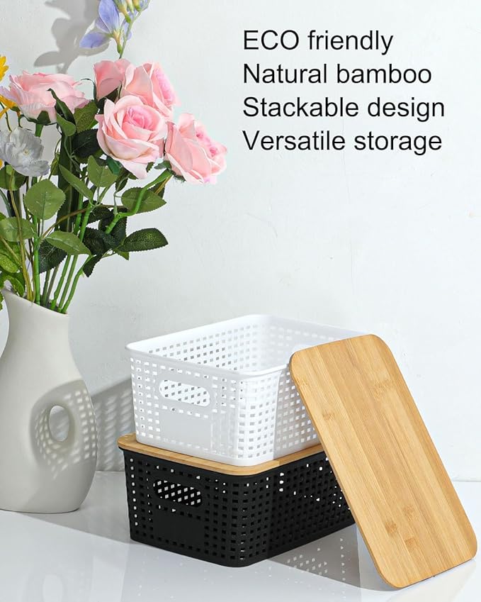 6 Pack Storage Bins with Bamboo Lids,Plastic Storage Baskets and Storage Containers, Storage Baskets for Organizing Shelves Drawers Desktop Closet Playroom Classroom Office Home