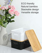 6 Pack Storage Bins with Bamboo Lids,Plastic Storage Baskets and Storage Containers, Storage Baskets for Organizing Shelves Drawers Desktop Closet Playroom Classroom Office Home