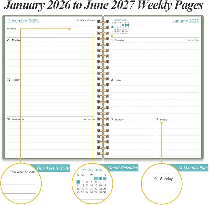 2026-2027 Planner - 18 Months Weekly & Monthly Planner from January 2026 - June 2027, Spiral Planners 2026-2027 with Elastic Closure, Inner Pocket, Medium 5.8" x 8.3", Green