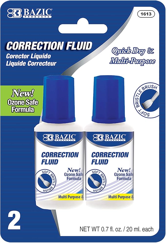 BAZIC Products Correction Fluid (0.7 oz / 20 ml), Soft Bristle Brush Applicator, Instant Corrections Pen White Out Wipe Out Liquid (2/Pack), 24-Packs