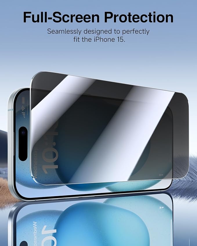 SMARTDEVIL 2 Pack for iPhone 15 Privacy Screen Protector, Military Grade Shatterproof, 9H Hardness, Anti-Spy Tempered Glass, Fast & Easy Instlltion, Case Friendly
