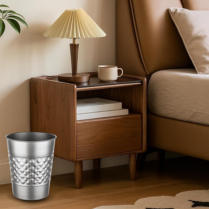Monarch Abode Metal Bathroom Trash Can – Waste Basket for Bedroom, Office Desk, & Dorm, Handcrafted Geo Embossed, Durable Decorative Pewter Small Trash Can Bathroom Garbage Bin Wastebasket