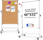Double-Sided Corkboard Whiteboard, 32 x 48 Inches Dry Erase Board on Wheels, Height Adjustable, Portable Freestanding Board for Office, Planning, and Presentations (Cork & White)