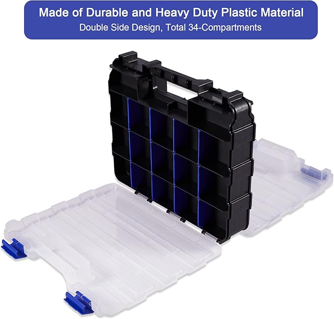 Hardware Organizer Box with 34 Compartments & Removable Dividers - Durable Plastic Double Side Tools Box for Nuts, Bolts, Screws, Nails & Small Hardware (Blue)