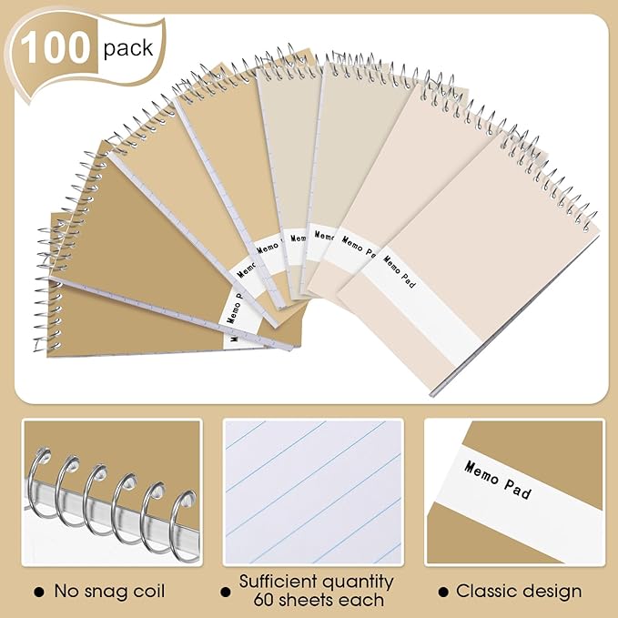 Thenshop 100 Pads Spiral Memo Pads Bulk 3 x 5 Inch Small Pocket Notepad Top Bound Lined 60 Sheets Mini Notebooks for School College Office Home Supplies (Colorful)