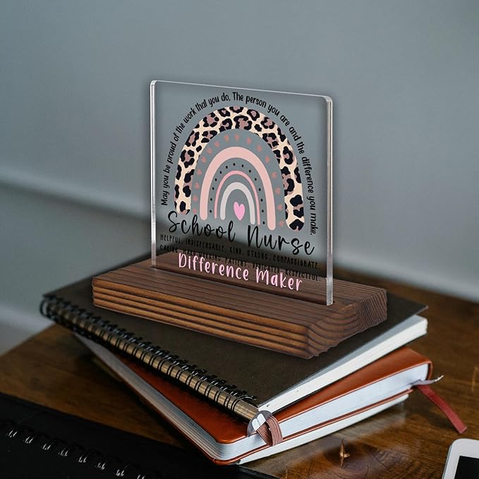 School Nurse Appreciation Gift Desk Sign, Leopard Rainbow Difference Maker Plaque, Thank You Office Decor for School Health Professionals PA074