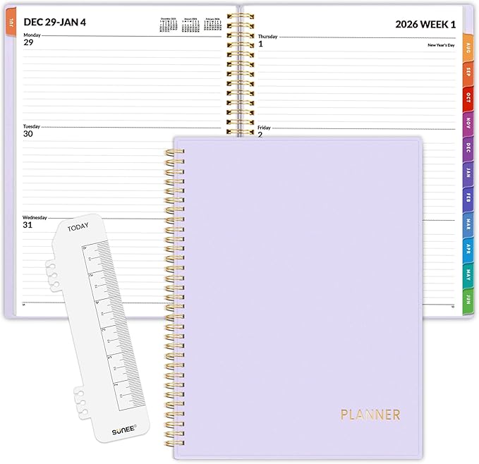 SUNEE 2026 Weekly and Monthly Planner - from January 2026 - December 2026, Daily Agenda Planner with Monthly Tab, Flexible Cover, Note Pages, Pockets, Bookmark, Spiral Binding, Purple, 8.5"x11"
