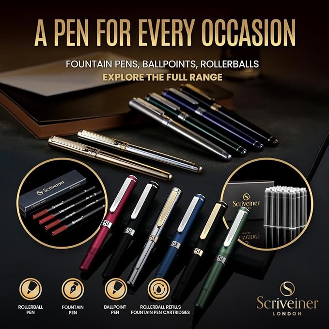 Scriveiner Luxury EDC Fountain Pen (Medium), Stunning Silver Chrome Luxury Pen, Real Gold Plating, Schmidt German Nib, Converter, Writing Gift Set for Men & Women, Nice Fancy Office Designer Pen