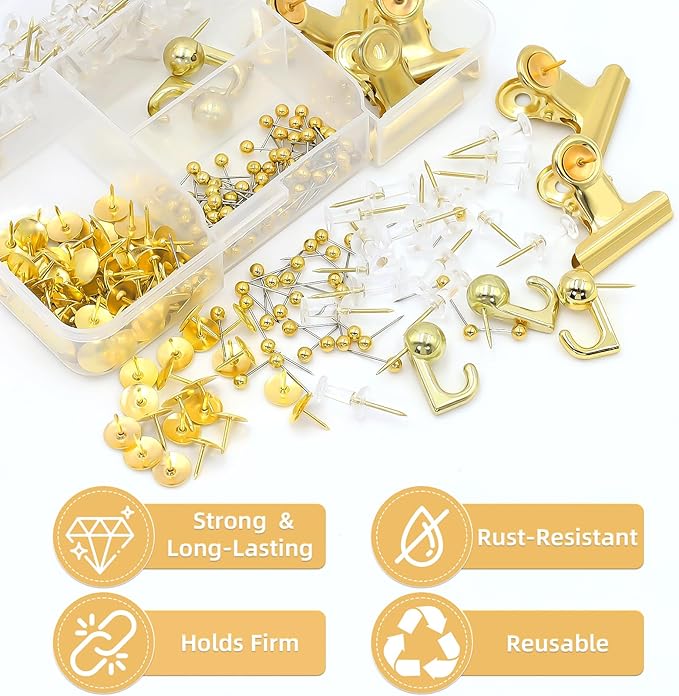 Gold Push Pins Set, 310 Pcs Decorative Thumb Tacks for Cork Board with Push Pin Hooks & Clips, 5 Styles Office Pushpins Set in Storage Box for Bulletin Board, Maps, Photos, Notes