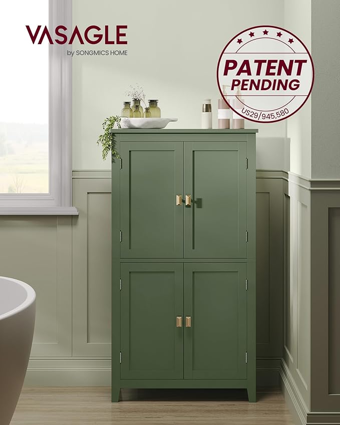 VASAGLE Floor Storage Cabinet, Freestanding Storage Unit with 4 Doors, Adjustable Shelves, 11.8 x 23.6 x 43.3 Inches, for Entryway, Bathroom, Forest Green UBBC552C01
