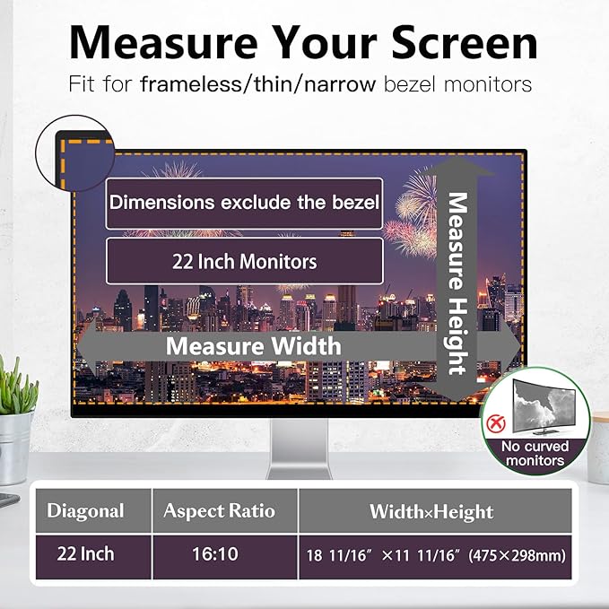 JEEETINTX Magnetic 22 Inch Computer Privacy Screen for 16:10 Aspect Ratio Widescreen Monitor, Eye Protection Anti Glare Blue Light Privacy Filter Shield, Removable Hanging 22in Protector