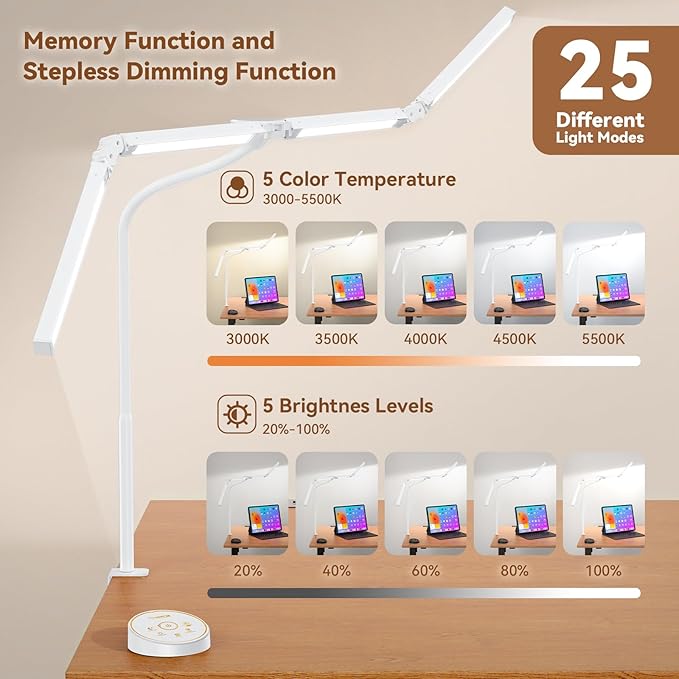 Pzloz Led Desk Lamp with Clamp: Architect Desk Lamp for Home Office, Eye Caring Double Head Computer Monitor Work Desk Light with Remote Control - 24W Flexible Dimmable Desktop Table Lamp White