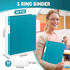 Henoyso 48 Pcs 3 Ring Binder 0.5 Inch Round Fits Letter Size 8.5'' x 11'' Paper Plastic Flexible Binder Bulk Holds 140 Sheets with 1 Pockets Versatile Organizer for Home Office School (Turquoise)
