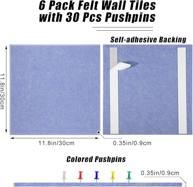 Large Cork Board 36" x 24", 6 Pack Felt Wall Tiles with Colored Pushpins, Bulletin Board with Removable Self-Adhesive Strips, Pin Board Cork Boards for Walls Office Home-Gray Blue