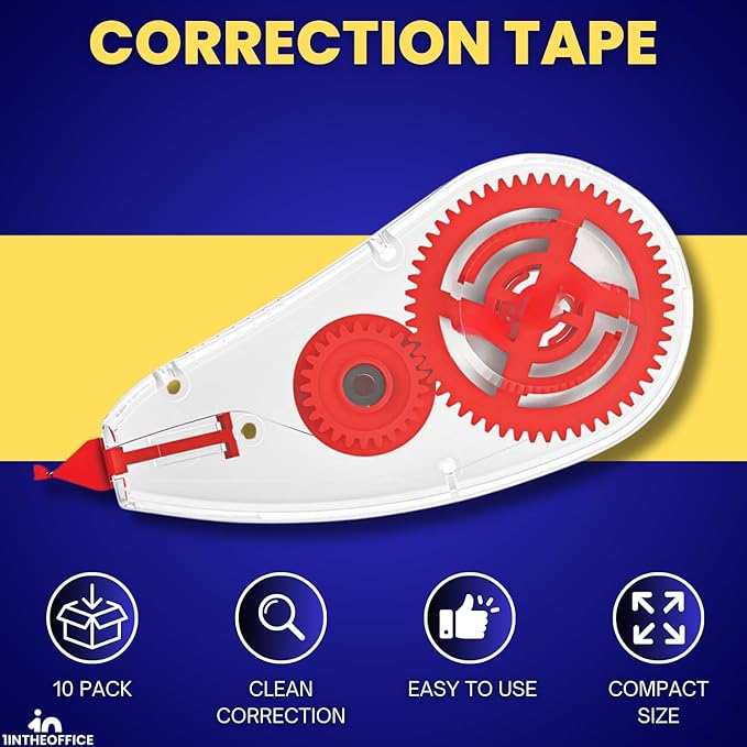 1InTheOffice Correction Tape, Correction Tape Roller for School, Teachers and Kids, White, 0.2" x 315", 10/Pack