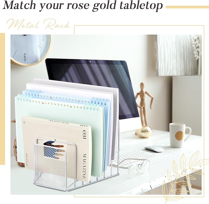 2 Pcs 7 Section Incline File Sorter Metal Wire Mesh File Rack for Desktop Letter Sorter for Magazine Folder Book Organizer Home Office School Paper Mail Desk Storage Holder (Silver)