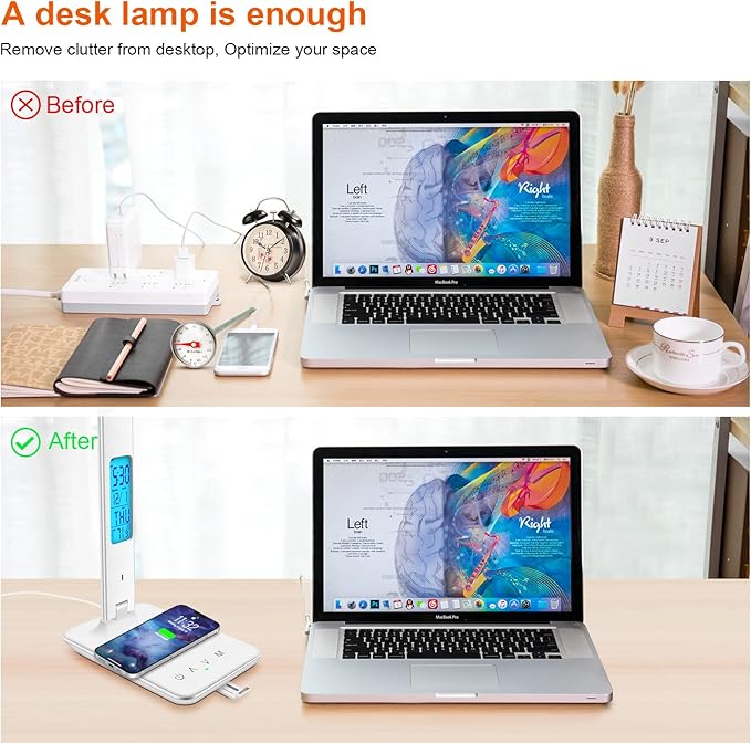 snsok Desk Lamp with Wireless Charger, USB Charging Port, Dimmable Office Desk Light with Clock, Alarm, Date, Temperature, Foldable Lamp for Table Bedroom Bedside Office (White)
