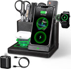 LADSTAG Desk Organizer with Phone Charger,Nightstand Desktop Organizer,Office Supplies Desk Accessories,Pen Holder Remote Control Holder,Black Leather Organizer With Charging Station (black)