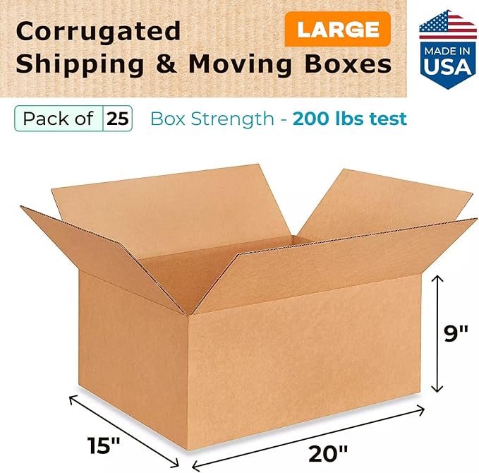 IDL Packaging - Large Durable Moving Boxes (25-Pack) - Extra Strength 200 lb vs Regular - Corrugated Cardboard Boxes 20"L x 15"W x 9"H