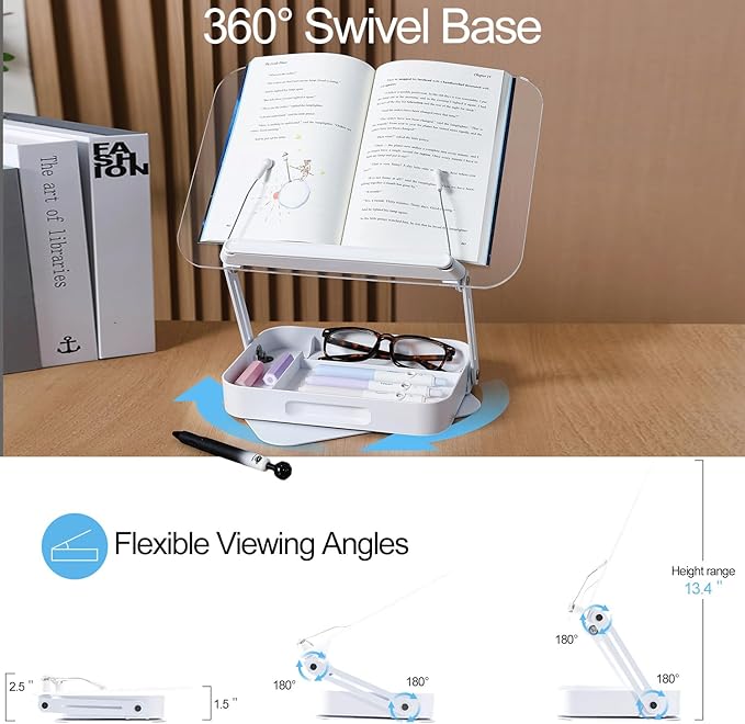 ZOEY Acrylic Book Stand for Reading Adjustable Book Holder with 360 Rotating Base and Storage Foldable Desktop Riser Stand for Cookbook Laptop Tablet Textbook Music Score with Page Clip 13.4x9.3x2.8in