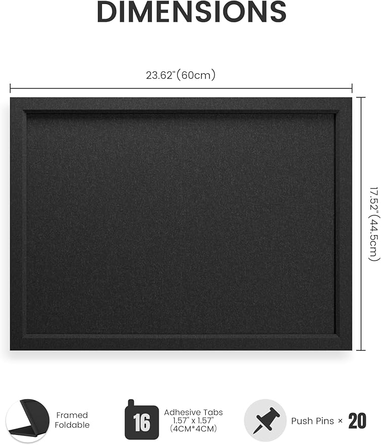 Fluxynara Foldable Cork Board Alternative, Felt Bulletin Board 24" x 18" Black Frame with 16 Adhesive Tabs, Pin Board for Home Office, Classroom, Entryway, Kitchen Wall Decor—Black