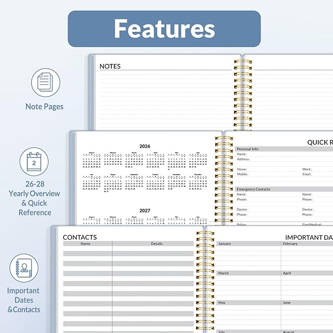 SUNEE 2026 Weekly and Monthly Planner - from January 2026 - December 2026, Daily Agenda Planner with Monthly Tab, Flexible Cover, Note Pages, Pockets, Bookmark, Spiral Binding, Gray Blue, 8.5"x11"
