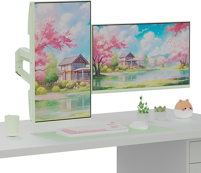 Pixio PS1D Wave Mint Green Dual Monitor Arm Stand Desk Mount - Fits up to 32 inches Monitors and up to 19.8lbs. VESA Compatibility and Integrated Cable Management
