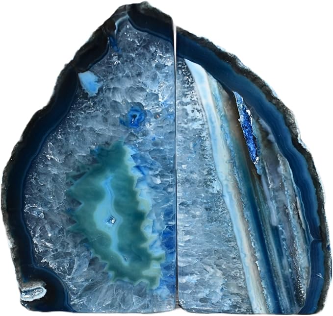 Nature's Decorations Agate Bookends - A Quality Blue Geode with Non-Skid Rubber Bumpers for Shelves, Office, Home Decor - Heavy Duty Cool Crystal Stone (3-4 LB)