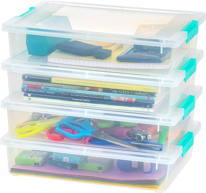IRIS USA 6 Qt. Storage Bins with Lids, 4-Pack, |Made in USA|, Small Plastic Craft Container Sensory Totes for Art Supplies, Paper, and Office, Stackable - Clear
