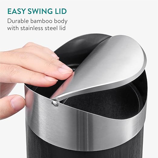 Navaris Black Mini Trash Can - Small Bin with Stainless Steel Swing Lid for Easy Access - Desktop Bin Ideal for Office, Bathroom and Kitchen Counter - Compact and Easy to Clean
