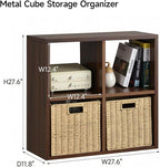 IRONMIX Metal 4 Cube Storage Organizer, Modern Short Bookshelf with Storage, 2 Tier Horizontal Bookshelf Cube Shelf, Small TV Stand Cabinet Display Case for Home Office Library (Dark Wooden, 700)