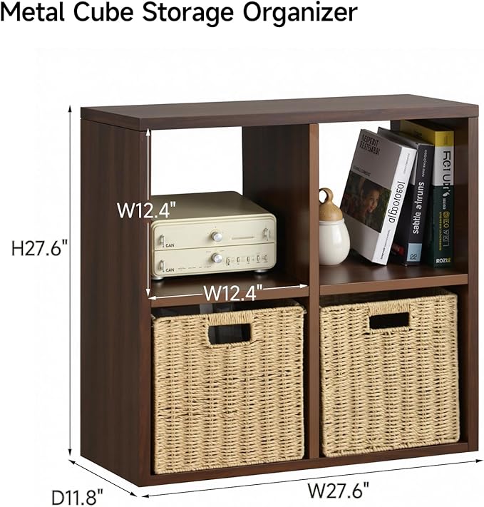 IRONMIX Metal 4 Cube Storage Organizer, Modern Short Bookshelf with Storage, 2 Tier Horizontal Bookshelf Cube Shelf, Small TV Stand Cabinet Display Case for Home Office Library (Dark Wooden, 700)