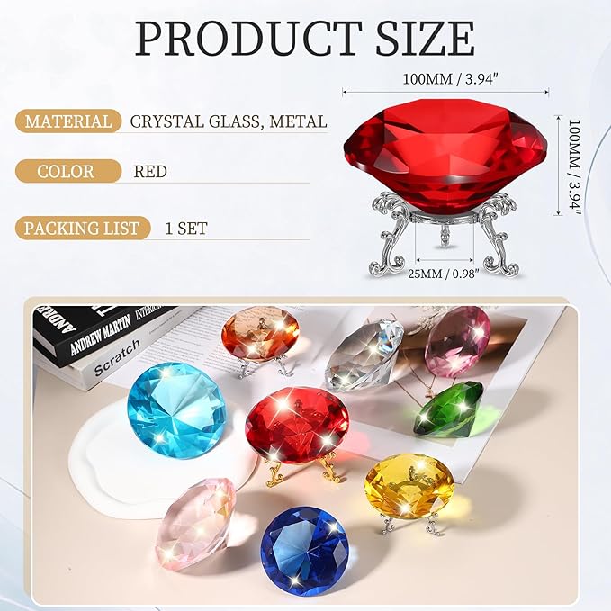PATIKIL Diamond Crystal Paperweight, 100mm / 3.94" Crystal Paperweight Paper Weight with Silver 25 Metal Base for Home Office Desktop Table Decor Wedding Party Ornaments, Red