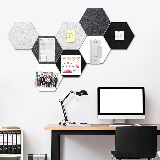 Uoisaiko 12" Large Bulletin Board with 30 Push Pins, Pack of 8 Hexagon Felt Pin Board Notice Boards for Home Office Kitchen, Felt Wall Tiles for Photos Memos