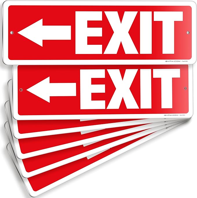 iSYFIX Exit Signs 6 Pack 12x4 Inch with Directional Left Arrows - Rust Free Aluminum, Laminated for UV, Weather, Scratch Resistance - Ideal for Offices, Schools, Theaters, Restaurants