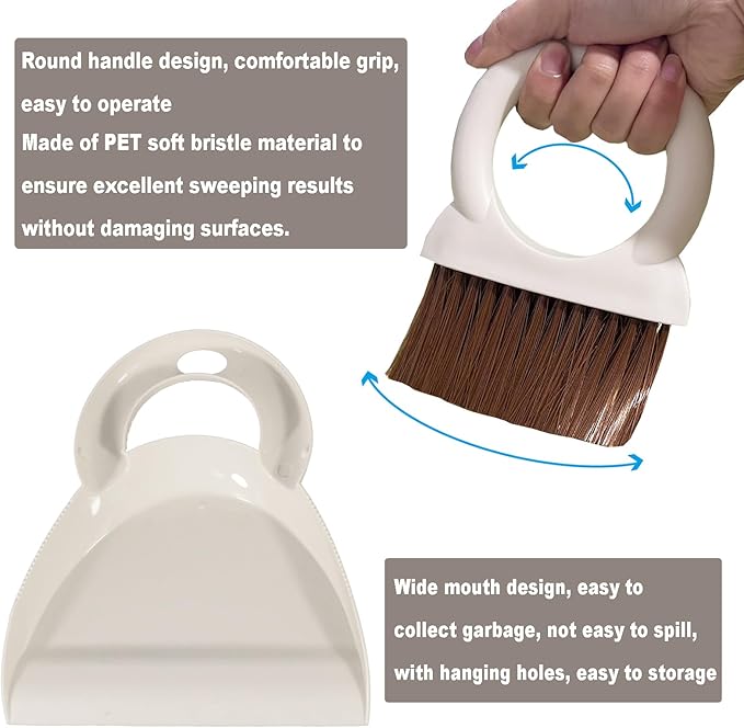 Round Handle Brush and Dustpan Set Small Broom & Dustpan Portable Handheld Sweeper for Desktop Sofa Floor Pet Nest (Off White)