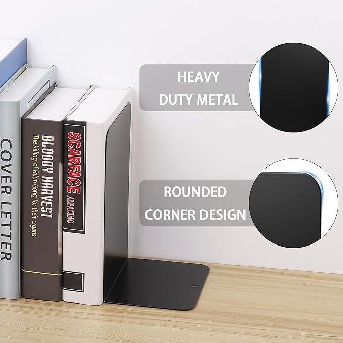 JIANTA Large Book Ends, Heavy Duty Metal Bookends, 2 Pairs/4 Pieces Book Stopper, Book Ends Support for Shelves, Black Non-Slip Bookshelf Holder Stand for Home Office Library School (8 x 5.3 x 4 in)