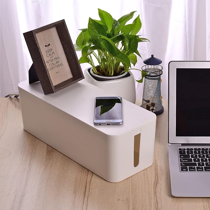 Cable Management Box, Large Cord Organizer Box to Hide Power Strip & Under Desk,TV Computer Wires Cable Organizer Hider Box with Cable Clips&Reusable Cable Ties for Home/Office(White)