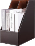 KINGFOM Wooden Leatherette Desktop File Folder Organizer and Document File Stand Journals Magazine Rack 2 Slots (brown)