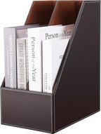 KINGFOM Wooden Leatherette Desktop File Folder Organizer and Document File Stand Journals Magazine Rack 2 Slots (brown)