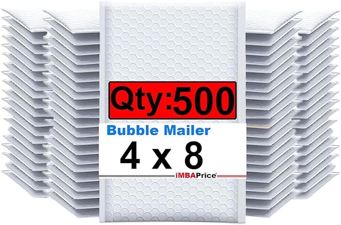 iMBAPrice 4x8 Inches White Color Polybubble Bag, 500-Pack Small Size #000 Self Seal Poly Bubble Mailers Padded Packing Envelopes (Total 500 Bags)