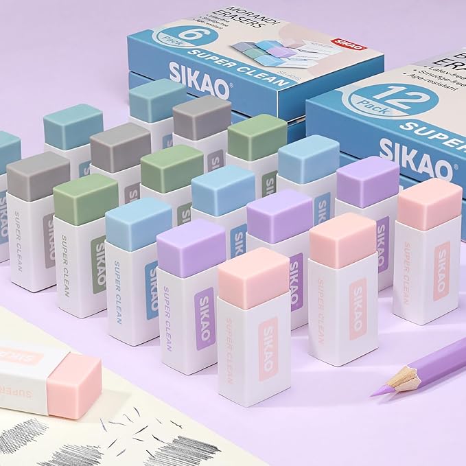Morandi Erasers, 6 Pack Aesthetic Block Pencil Erasers – Soft Neutral Colors, Smudge-Free Latex-Free Erasers for School, Office, Journaling & Drawing