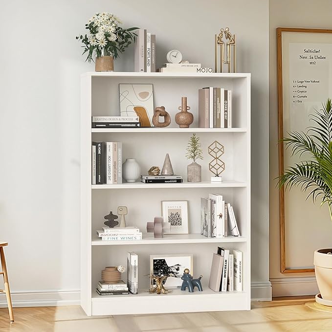 Farini 48 Inch Tall 4-Shelf Bookcase, Wood Bookshelf Storage Organizer Adjustable Shelf for Home Office, Study Room, Easy Assembly,White