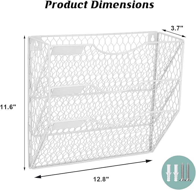 EASEPRES Mail Organizer Wall Mount Hanging File Holder Storage, Metal Chicken Wire Magazine Rack 3 Tier, White