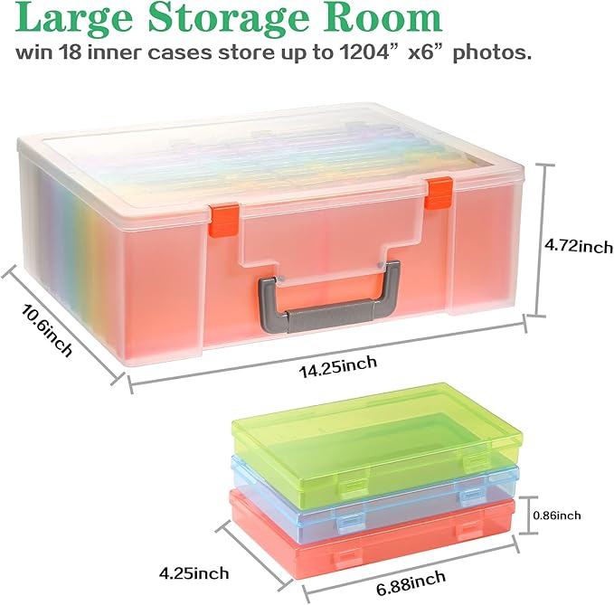 Photo Storage Box 4x6, 18 Inner Photo Case Large Photo Organizer Acid-Free Photo Box Storage Photo Keeper Photo Storage Case, Plastic Craft Storage Box for Photo Stickers Stamps Seeds (9 Colors)
